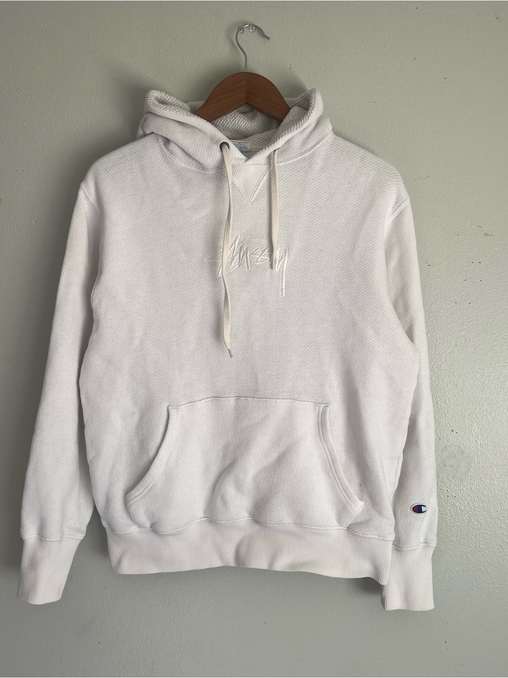 Stussy x Champion Tonal Logo Hoodie White Worn Authentic